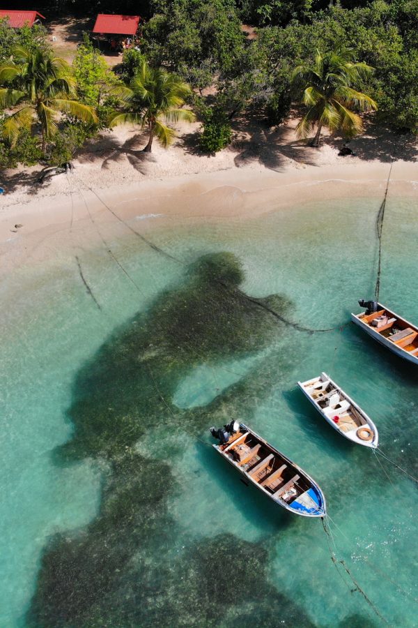 Guadeloupe beach drone view - boats in Petit Havre.